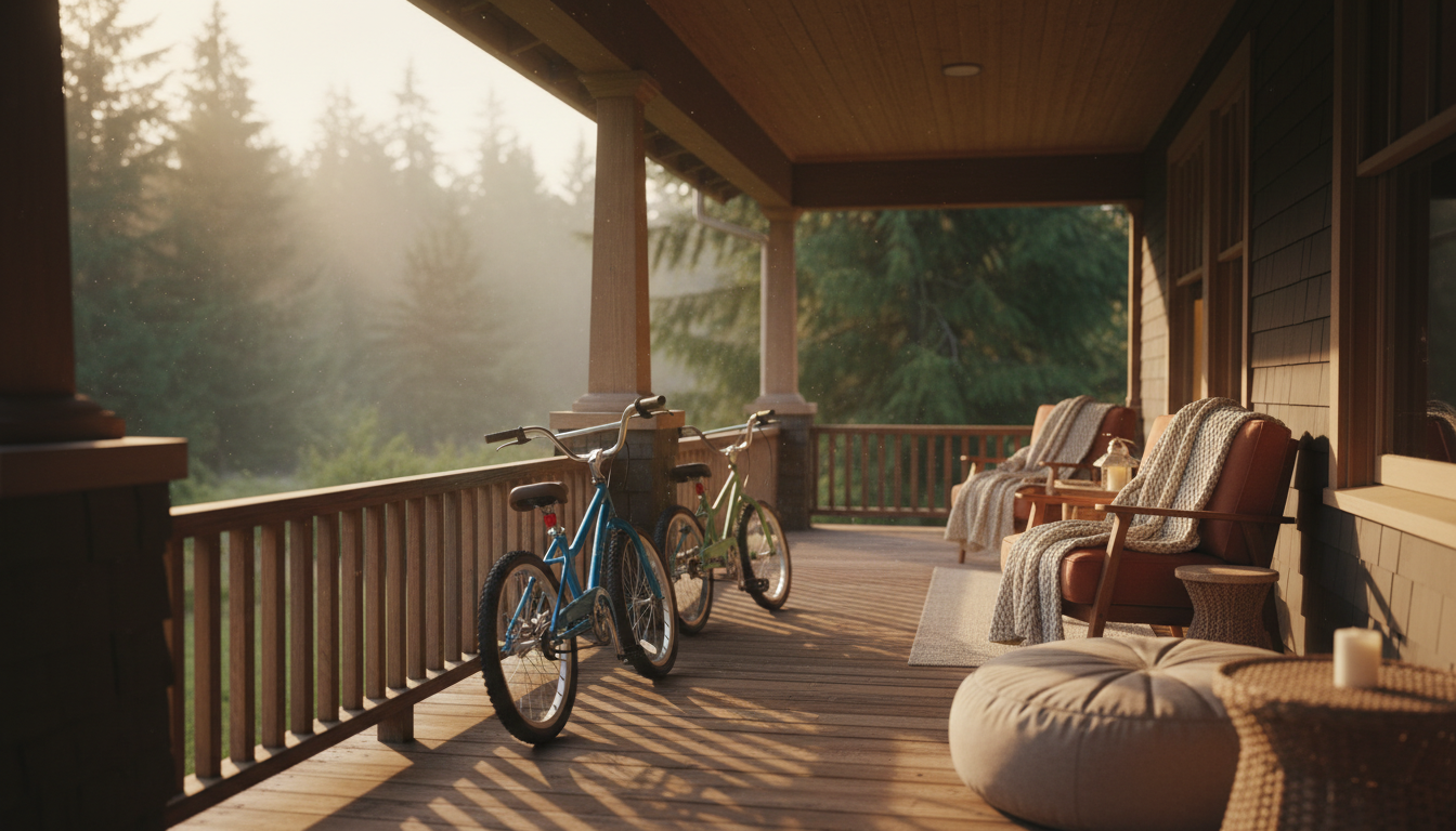 A cozy craftsman-style Portland home with a wraparound porch, kids bikes leaning against the railing