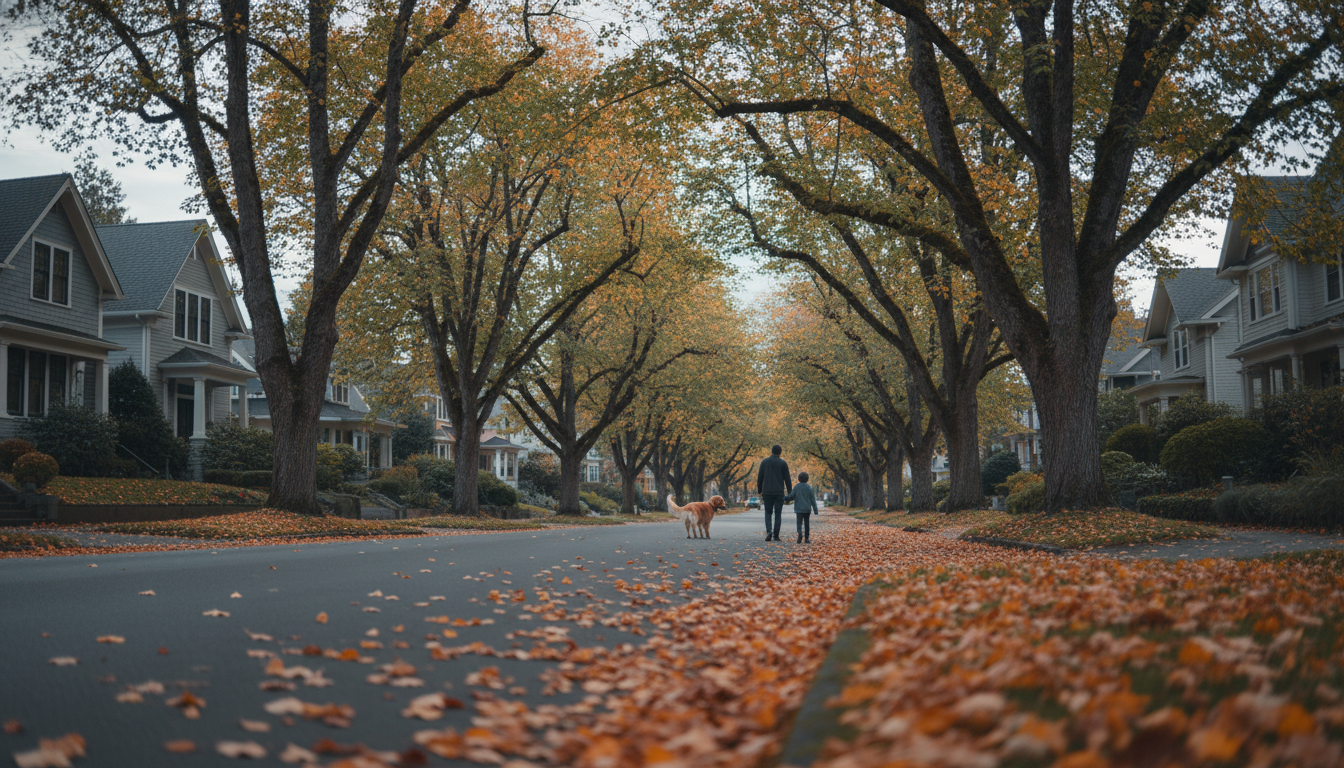 Tree-lined street in Portlands Laurelhurst neighborhood with historic homes, a family walking a gold