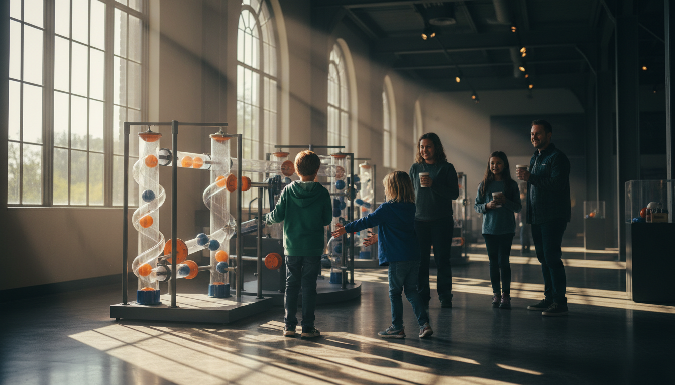 Inside OMSI Oregon Museum of Science and Industry with children interacting with a hands-on physics