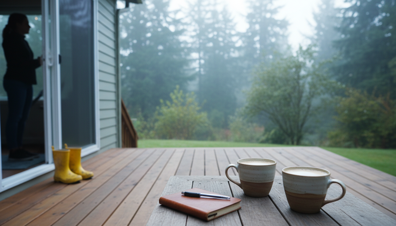 Morning scene on a Portland homes back deck two coffee cups on a wooden table, a childs rain boots b