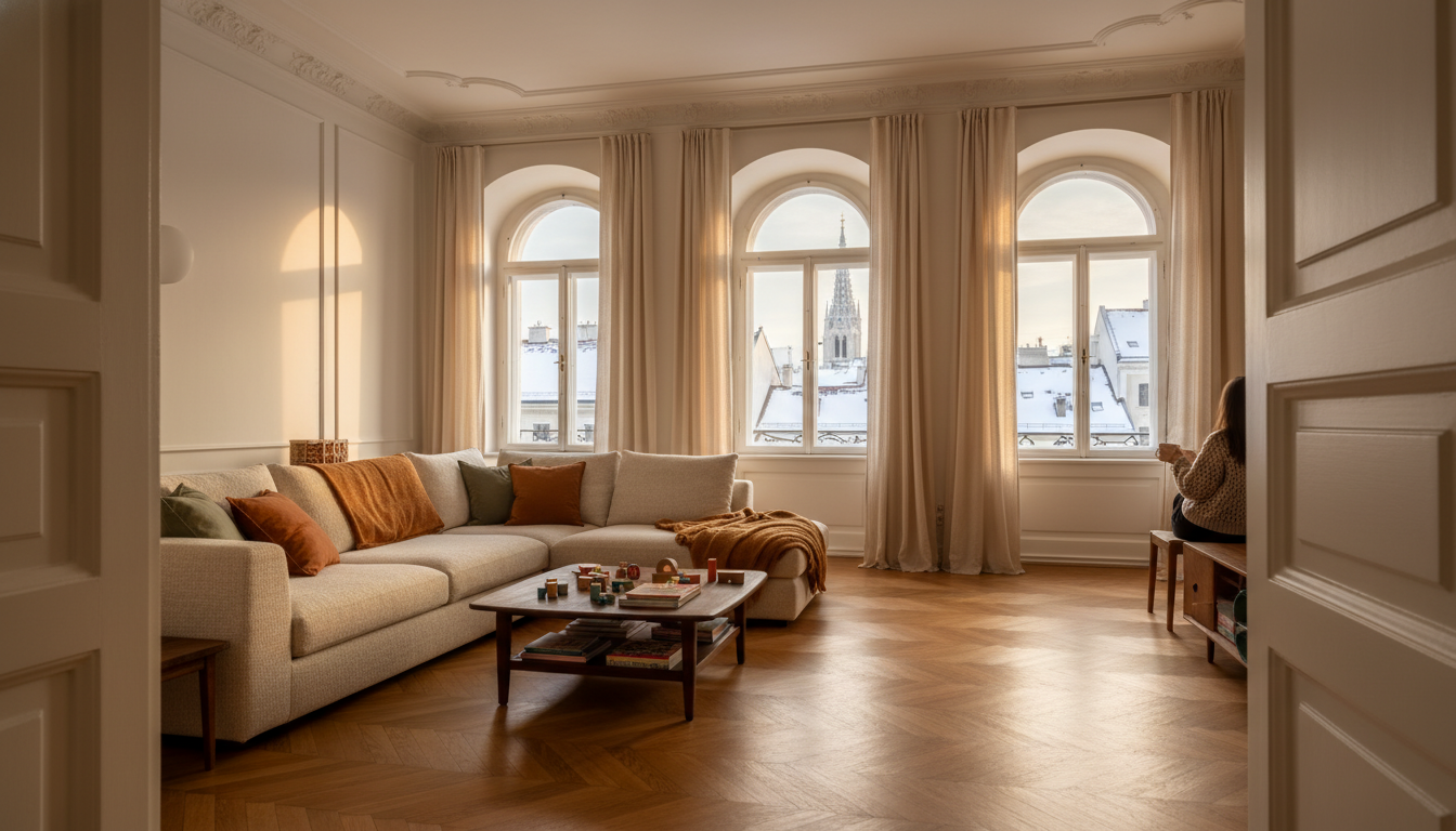 Cozy Viennese apartment living room with high ceilings, parquet floors, a sectional sofa covered in
