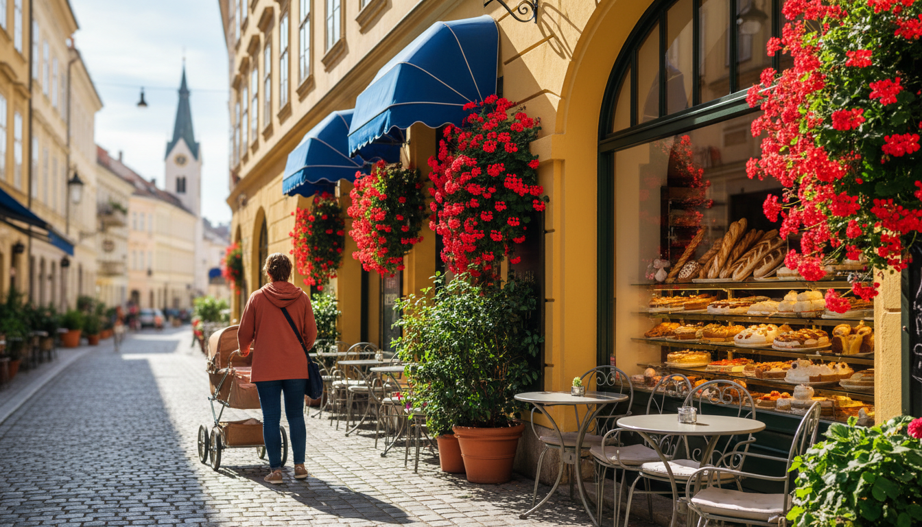 Morning scene in a Vienna neighborhoodcobblestone street with a parent pushing a stroller past a tra