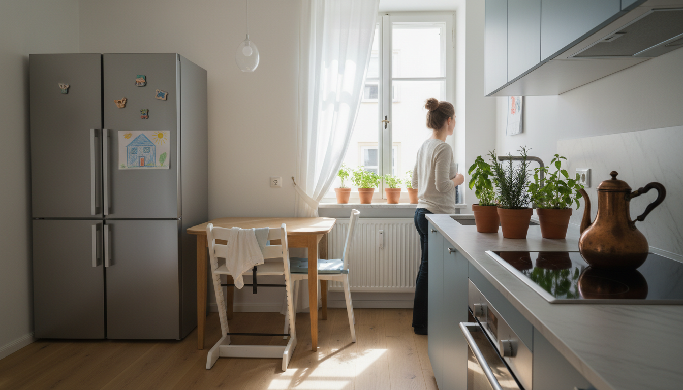 Interior of a Vienna apartment kitchen with a childs drawing hung on the refrigerator with magnets,