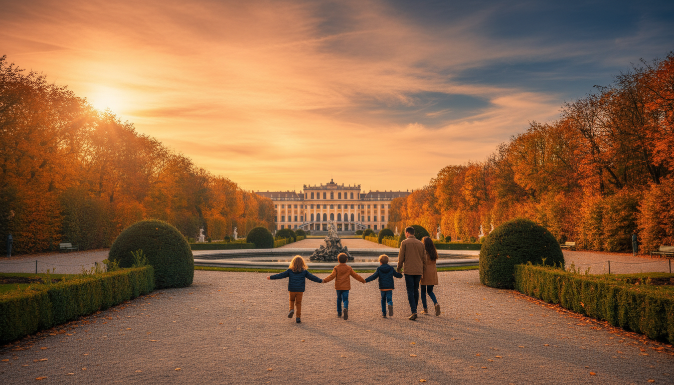 Wide shot of Schnbrunn Palace gardens in golden autumn light, a family walking along a gravel path b