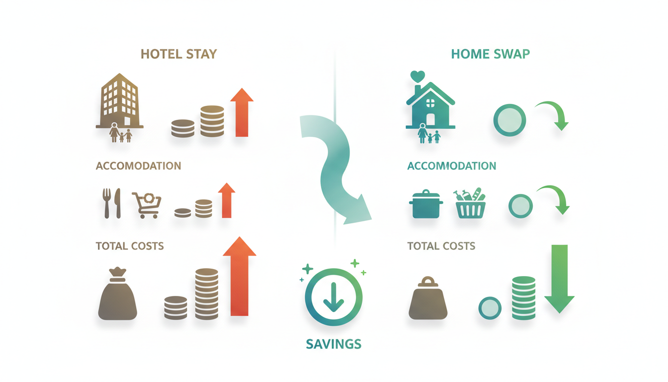 Infographic showing cost comparison between hotel stay vs home swap for a family of four in Vienna o