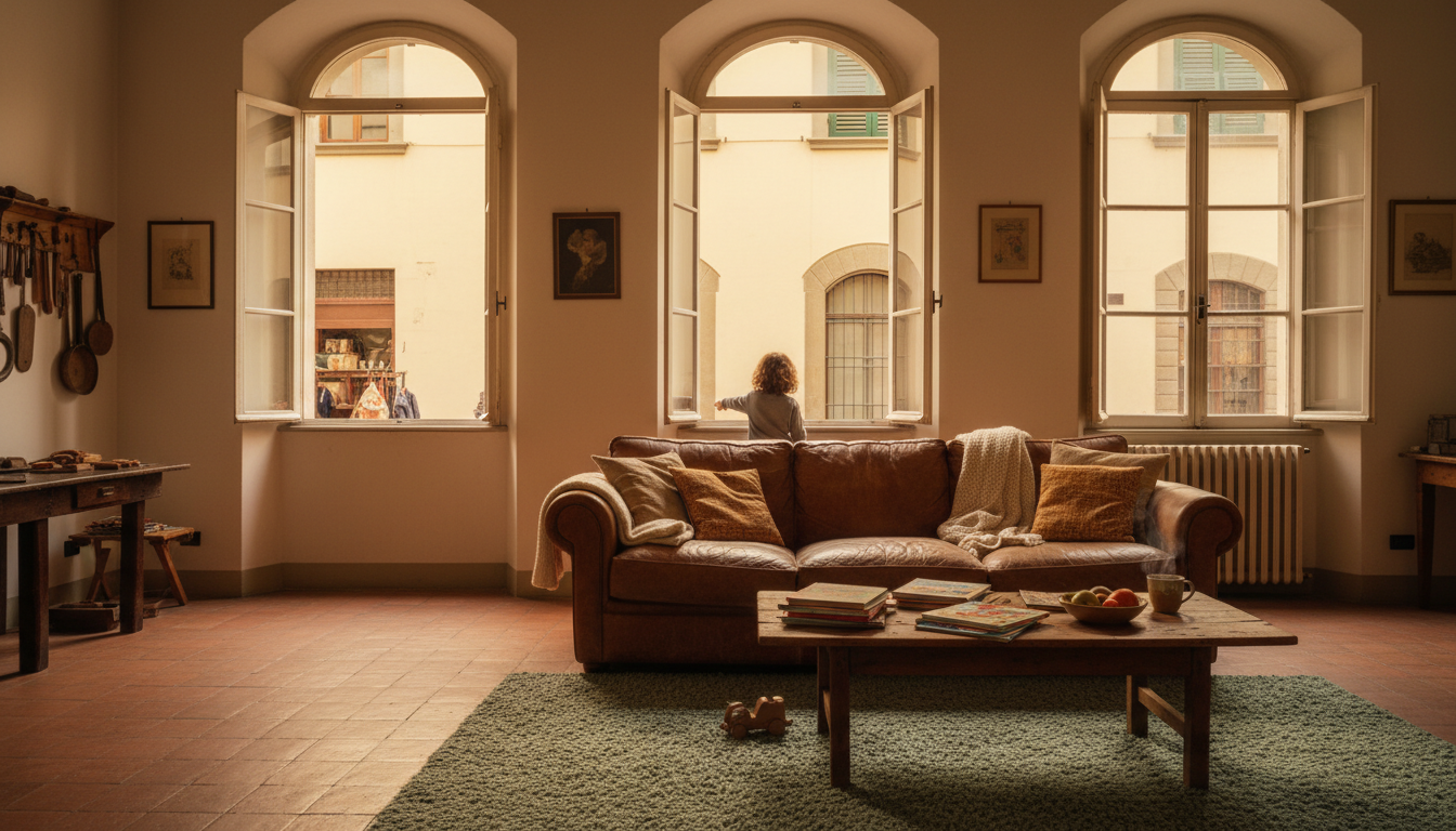 A sunlit apartment living room in Florences Oltrarno neighborhood with terracotta floors, a worn lea