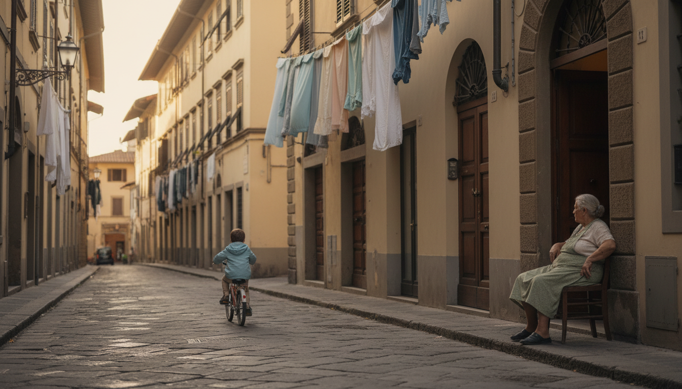A quiet cobblestone street in Florences San Frediano neighborhood at golden hour, with laundry hangi