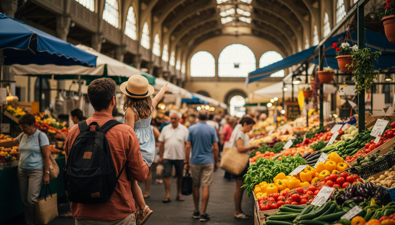 The SantAmbrogio market in Florences Santa Croce neighborhood, showing colorful produce stalls, a fa