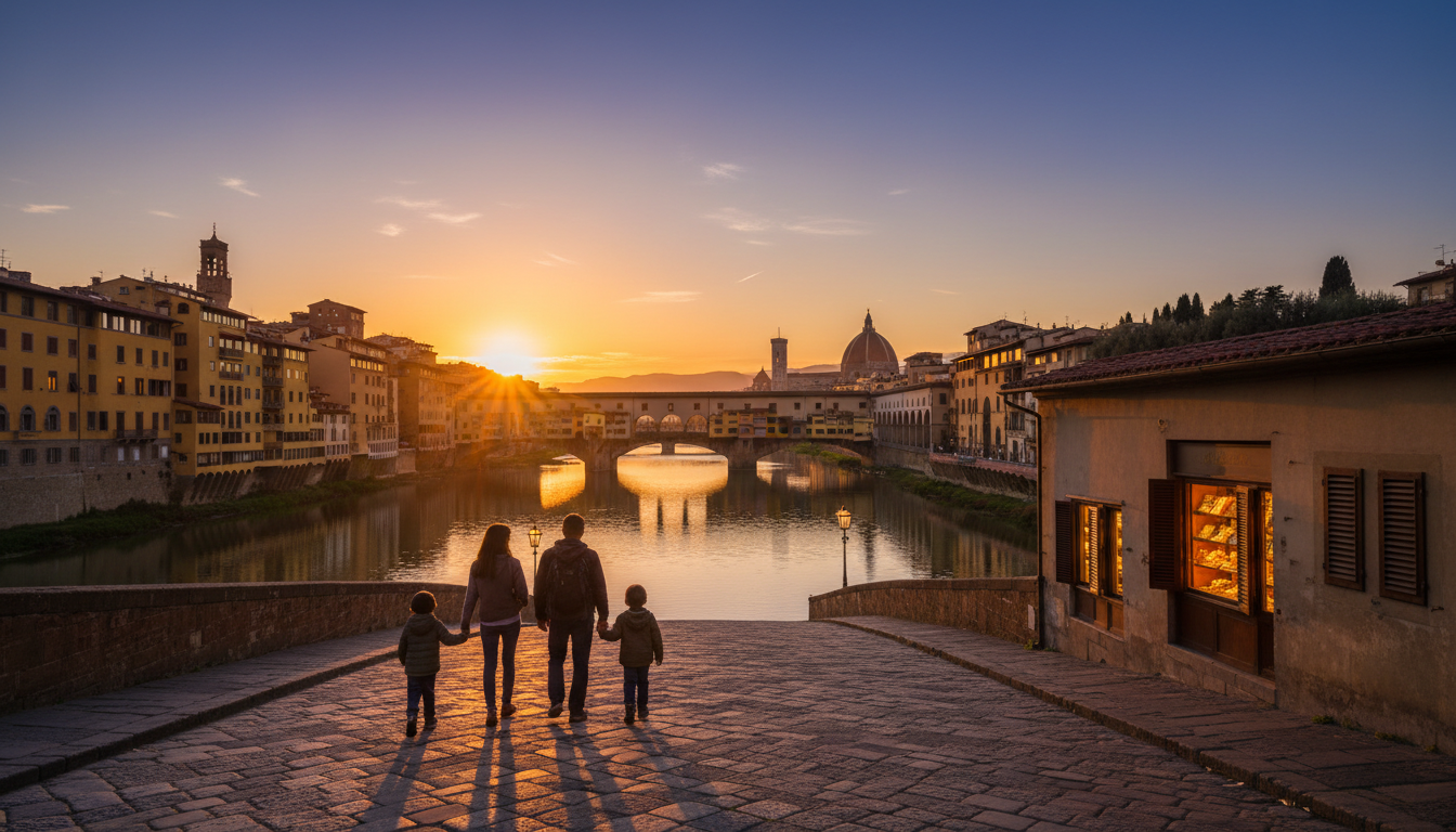 A family walking across the Ponte Vecchio at sunset in late September, with warm golden light on the