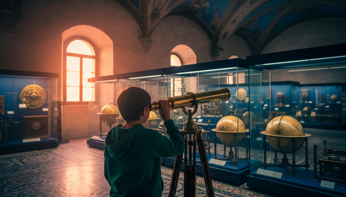 A child looking through an antique telescope replica at the Museo Galileo in Florence, with wooden s