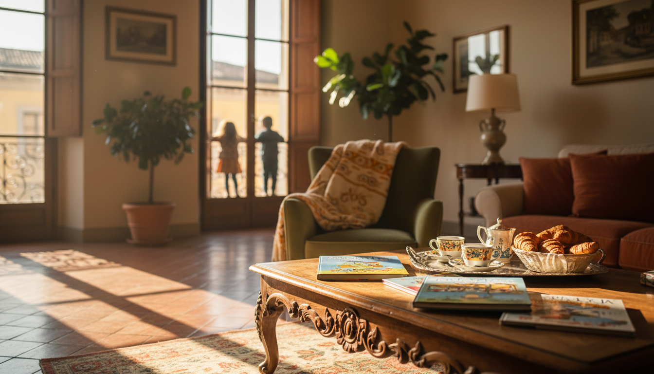 Morning light streaming through shuttered windows into a spacious Verona apartment living room, chil