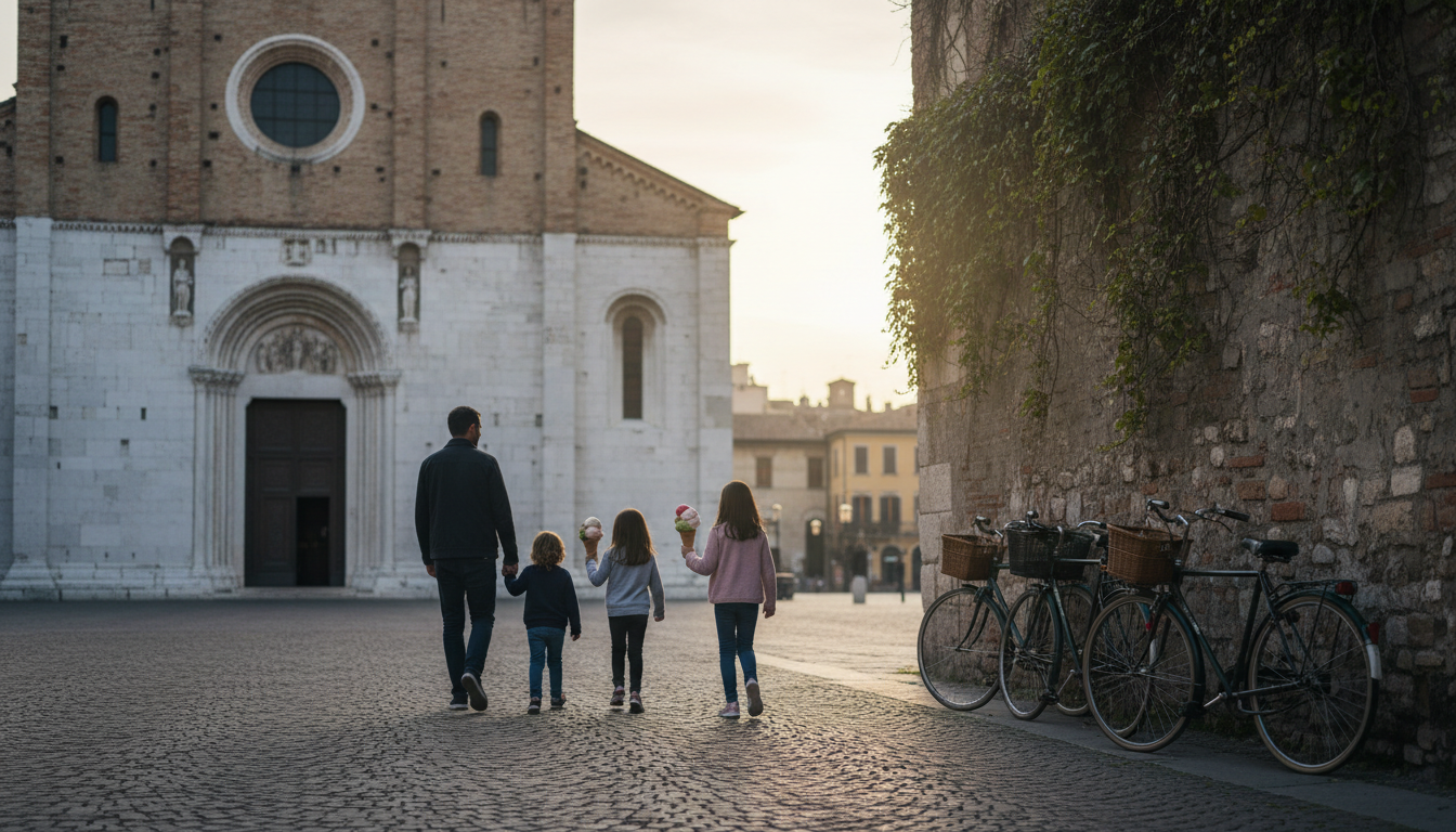 The Romanesque facade of San Zeno Basilica at golden hour, a family walking across the piazza with g