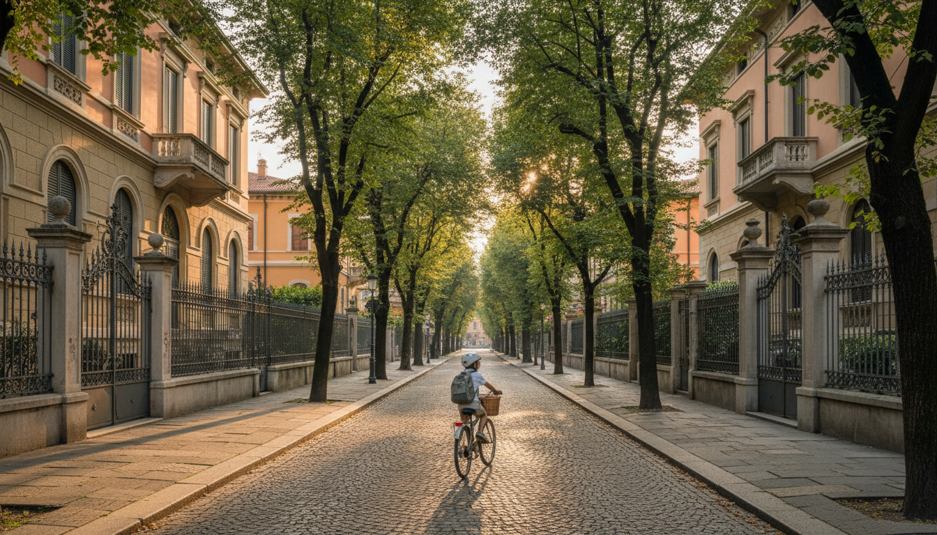 A tree-lined residential street in Borgo Trento, elegant early 20th century villas with wrought iron