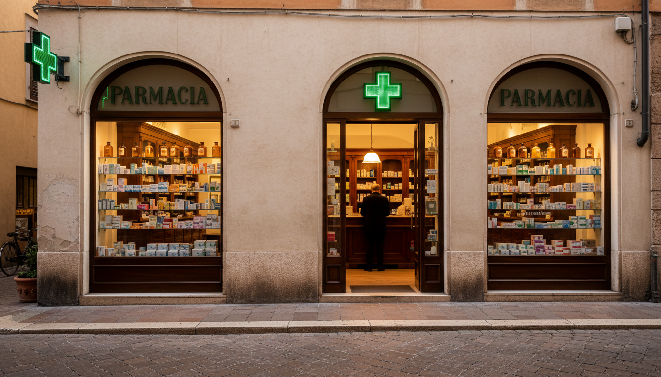 A bright, welcoming Italian pharmacy storefront with green cross sign, traditional wooden cabinets v