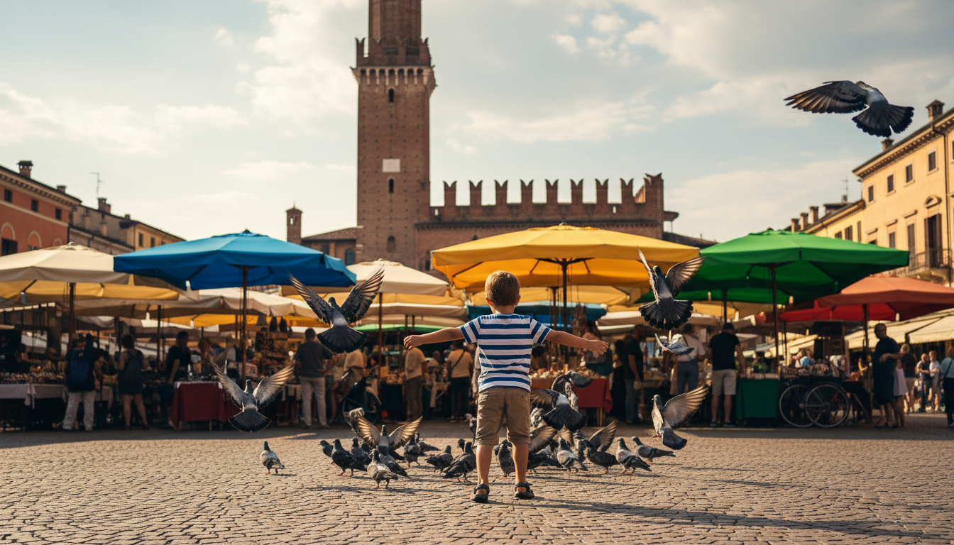 A young child chasing pigeons in Piazza delle Erbe, colorful market umbrellas in the background, the
