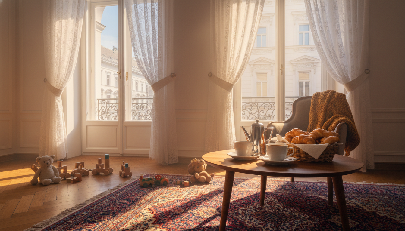 Golden morning light streaming through a Viennese apartment window, childs toys scattered on a Persi