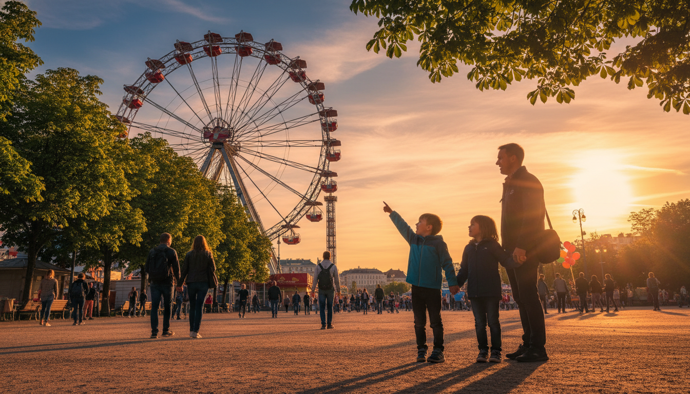 The Praters iconic Riesenrad Ferris wheel at golden hour, families walking below among chestnut tree