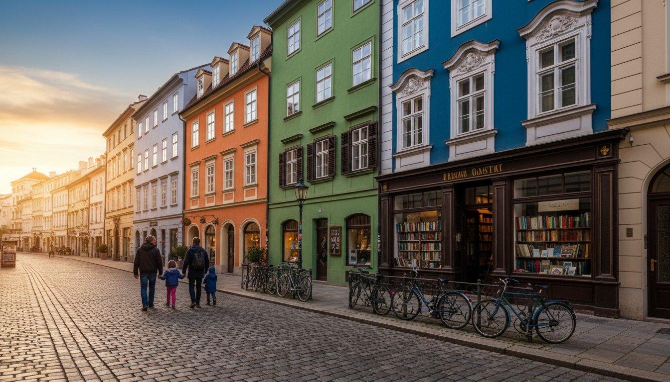 Cobblestone street in Viennas 7th district with colorful building facades, a family walking past a v