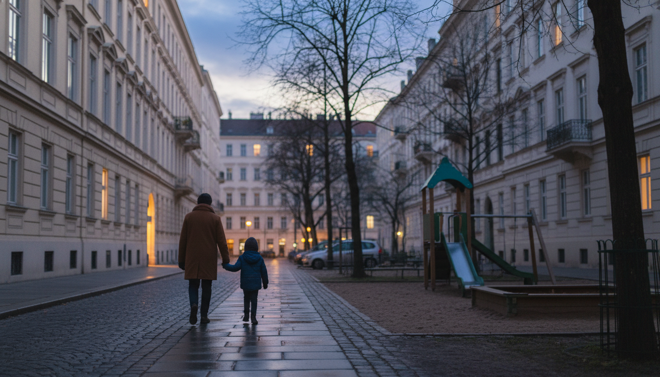 A quiet Viennese residential street at dusk, warm light glowing from apartment windows, a parent and