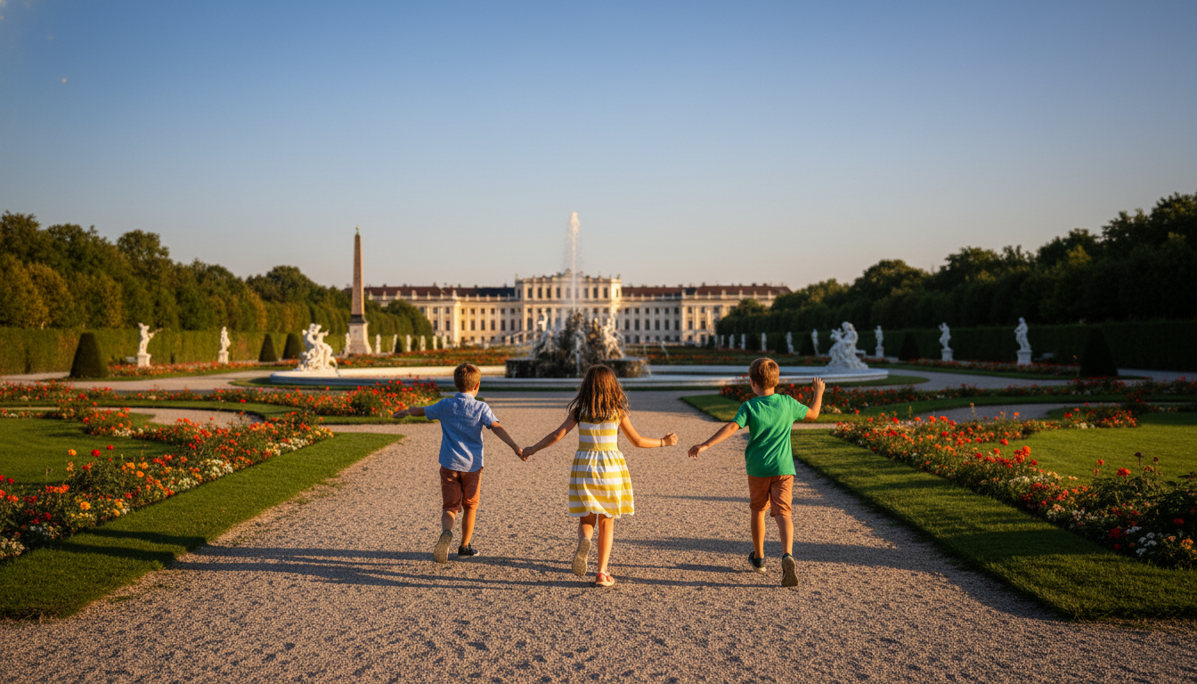 Children running through the formal gardens at Schnbrunn Palace, the Neptune Fountain in the backgro