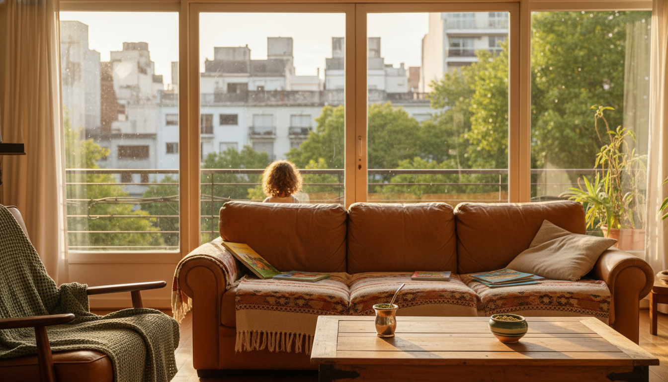 A sun-filled Buenos Aires apartment living room with floor-to-ceiling windows overlooking leafy Pale