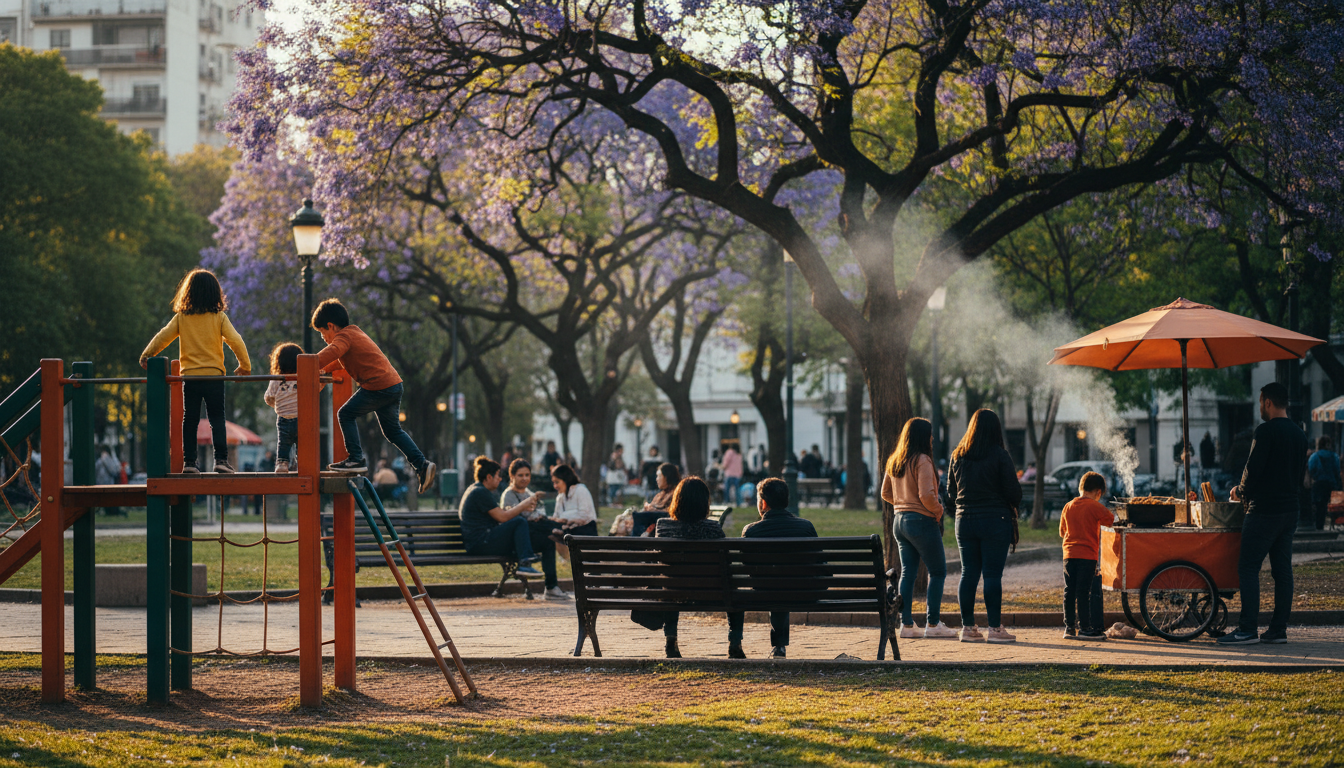 Families gathered at Plaza Armenia in Palermo at golden hour, children playing on climbing structure