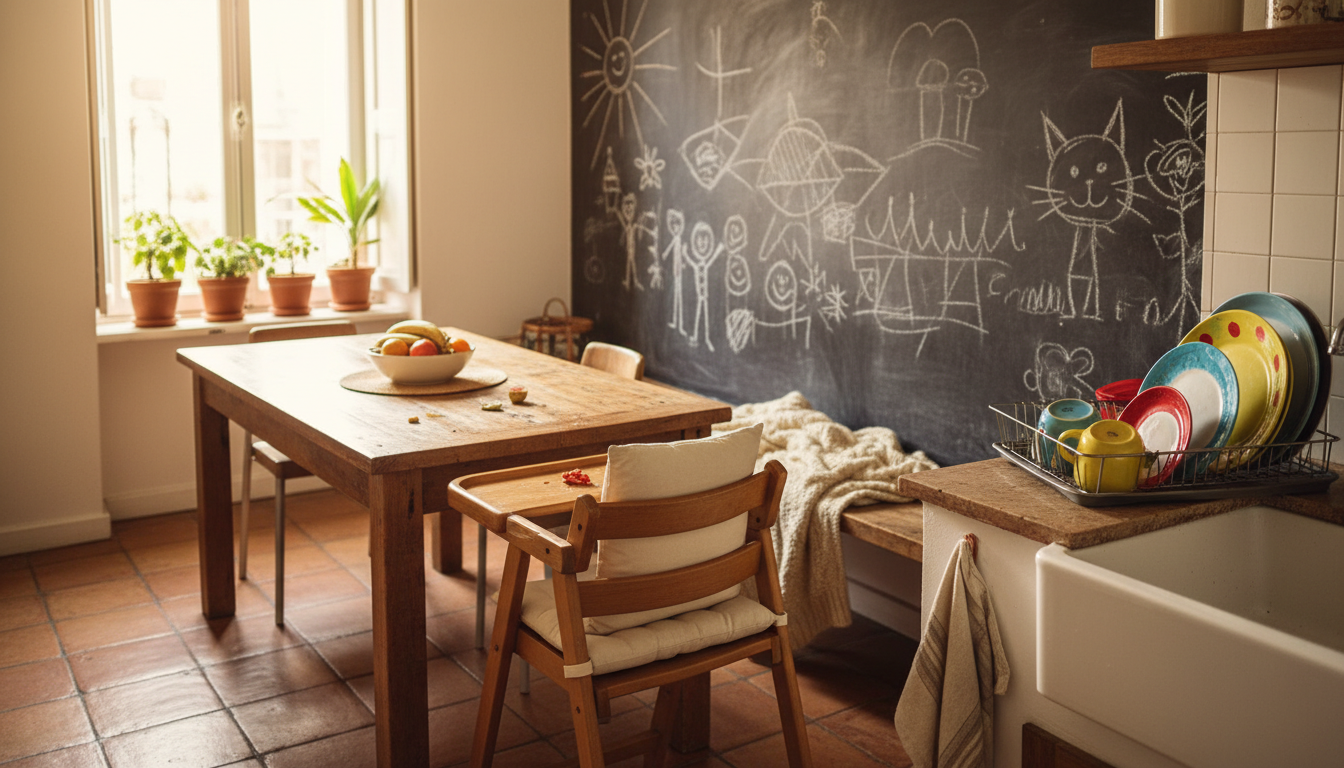 A bright Buenos Aires apartment kitchen with a wooden high chair, colorful kids plates drying by the