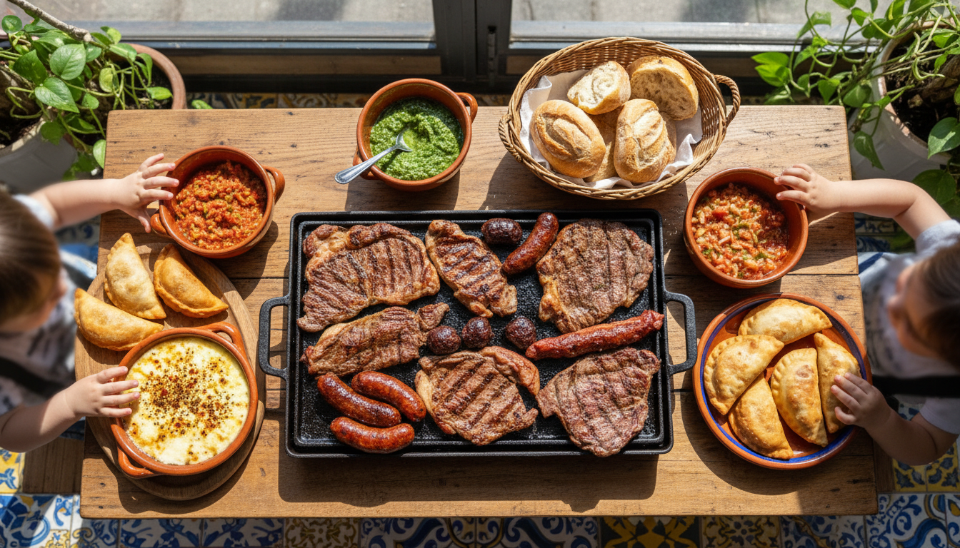 An overhead shot of a Buenos Aires parrilla table covered with grilled meats, provoleta cheese, chim