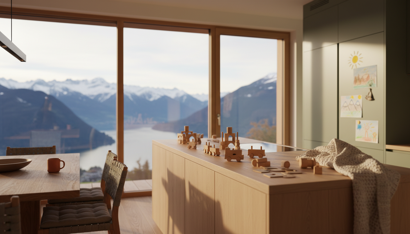 bright, modern Swiss apartment kitchen with childs artwork on the fridge, wooden toys on the counter