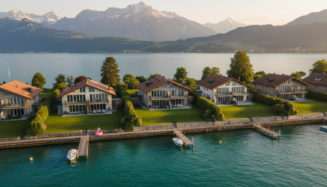 aerial view of Meggens lakeside villas with private docks, green lawns sloping to Lake Lucerne, snow
