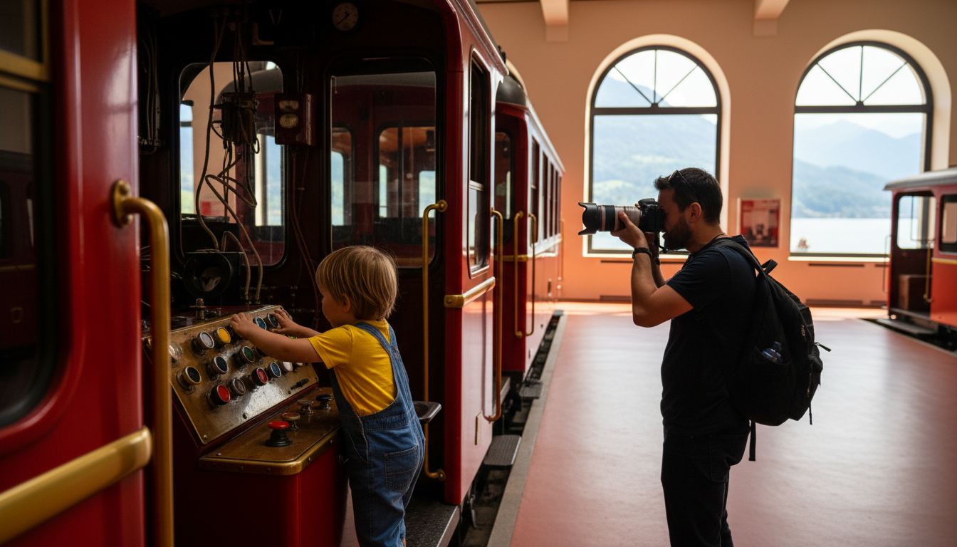 child climbing inside a vintage red Swiss train car at the Transport Museum, pressing buttons on the