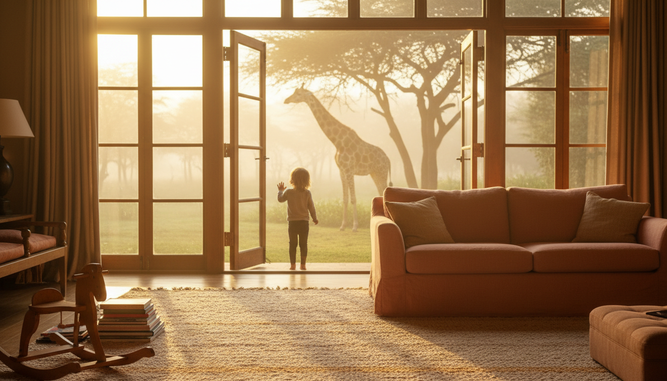 Golden morning light streaming through floor-to-ceiling windows of a spacious Karen home, with a gir