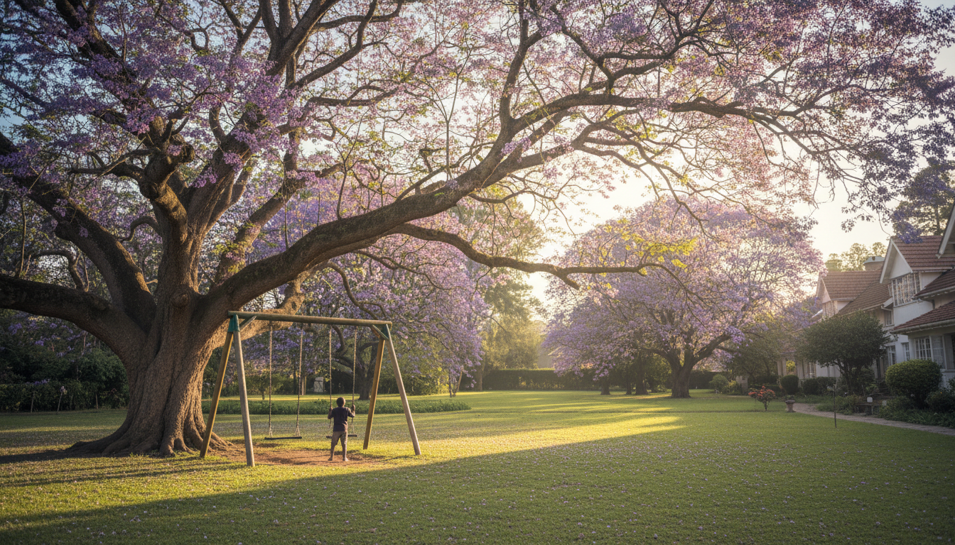 Lush garden of a Muthaiga estate home with jacaranda trees in purple bloom, childrens swing set visi