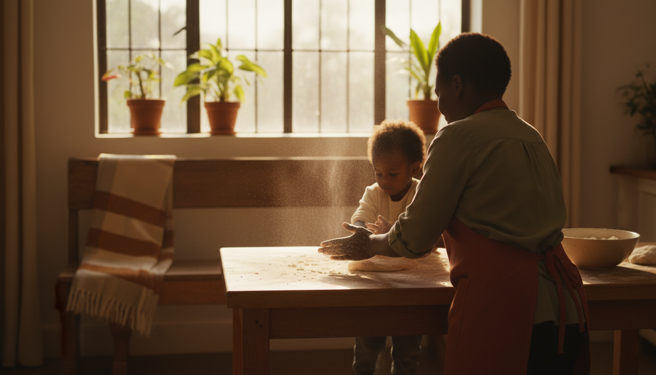 Warm kitchen scene with Kenyan housekeeper and young child making chapati together, flour-dusted han