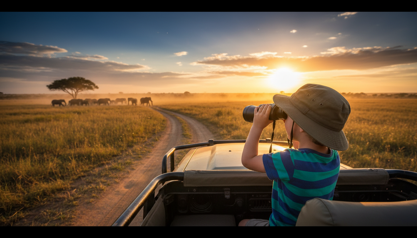 Excited child looking through binoculars on safari vehicle, golden savanna in background, elephant h
