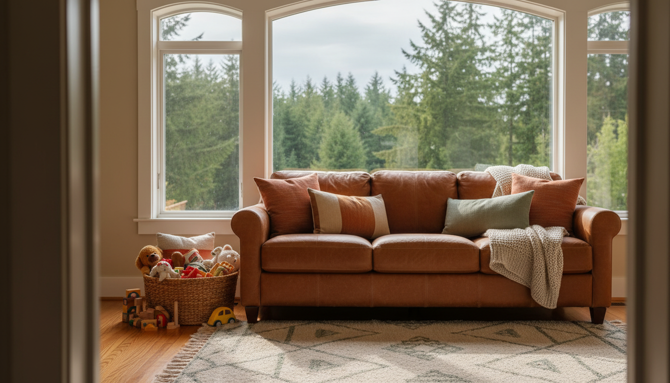 A cozy Seattle bungalow living room with large windows showing evergreen trees outside, a basket of