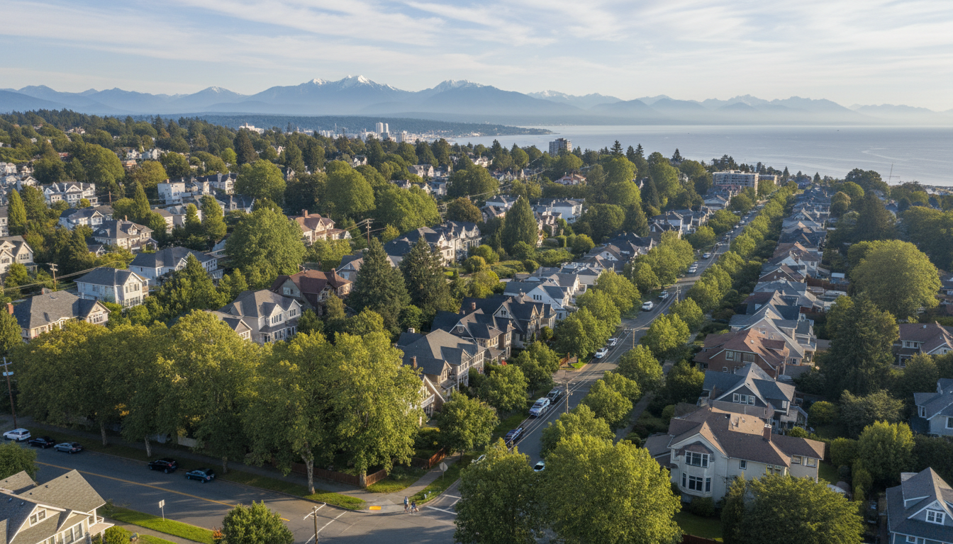 Aerial view of Seattles Ballard neighborhood showing tree-lined streets, craftsman homes, and the di