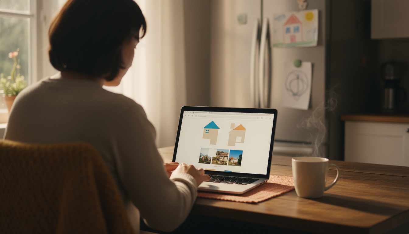 A parent browsing SwappaHome listings on a laptop at a kitchen table, with a childs drawing visible
