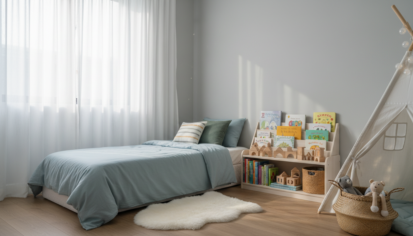 A bright, organized childrens bedroom with a neatly made bed, a bookshelf with childrens books, and