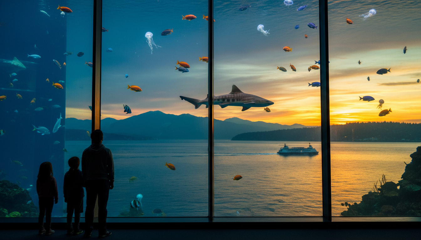 A family silhouetted against the giant floor-to-ceiling windows of the Seattle Aquarium, watching fi