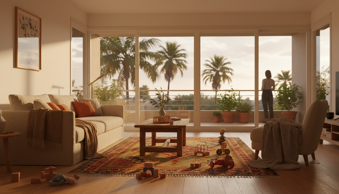 bright, airy Tel Aviv apartment living room with toys scattered on a colorful rug, large windows sho