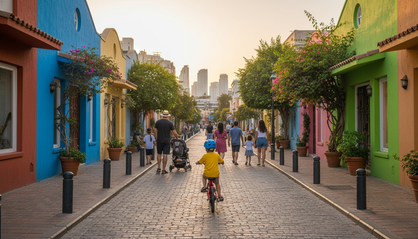 tree-lined street in Neve Tzedek neighborhood with families walking, colorful boutiques, and a child