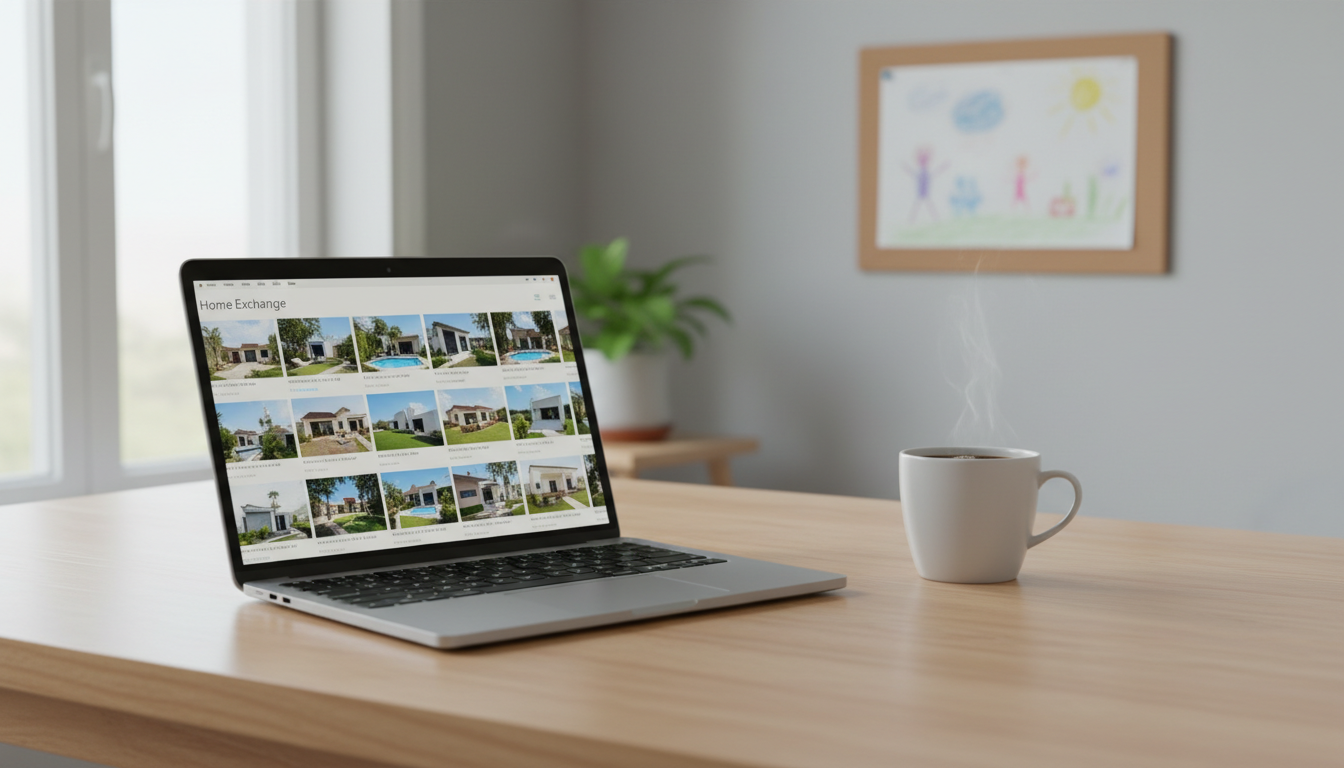 laptop open on a kitchen table showing home exchange listings, with a cup of coffee and a childs dra