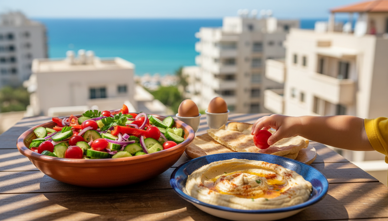 close-up of a colorful Israeli breakfast spread on a sunny balcony table fresh vegetables, hummus, p