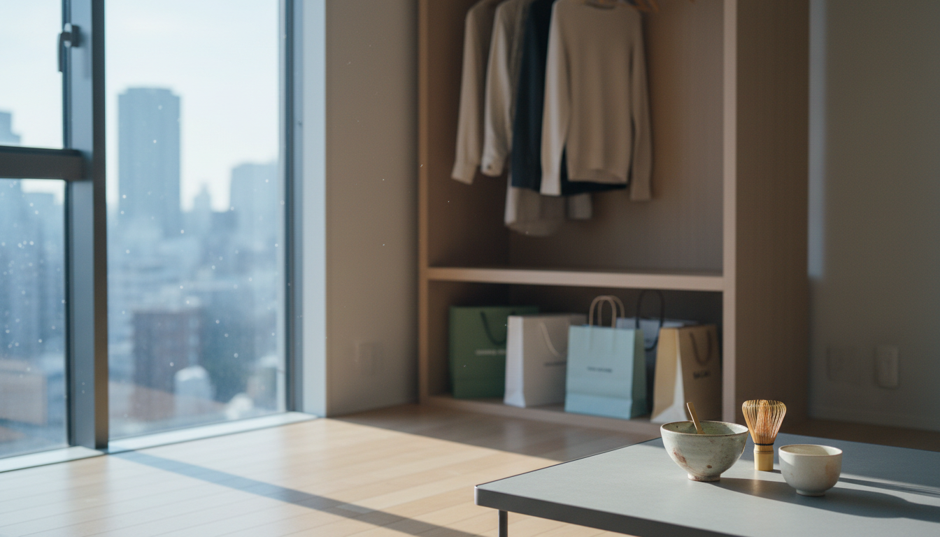 Morning light streaming through a Tokyo apartment window, shopping bags from Japanese brands arrange