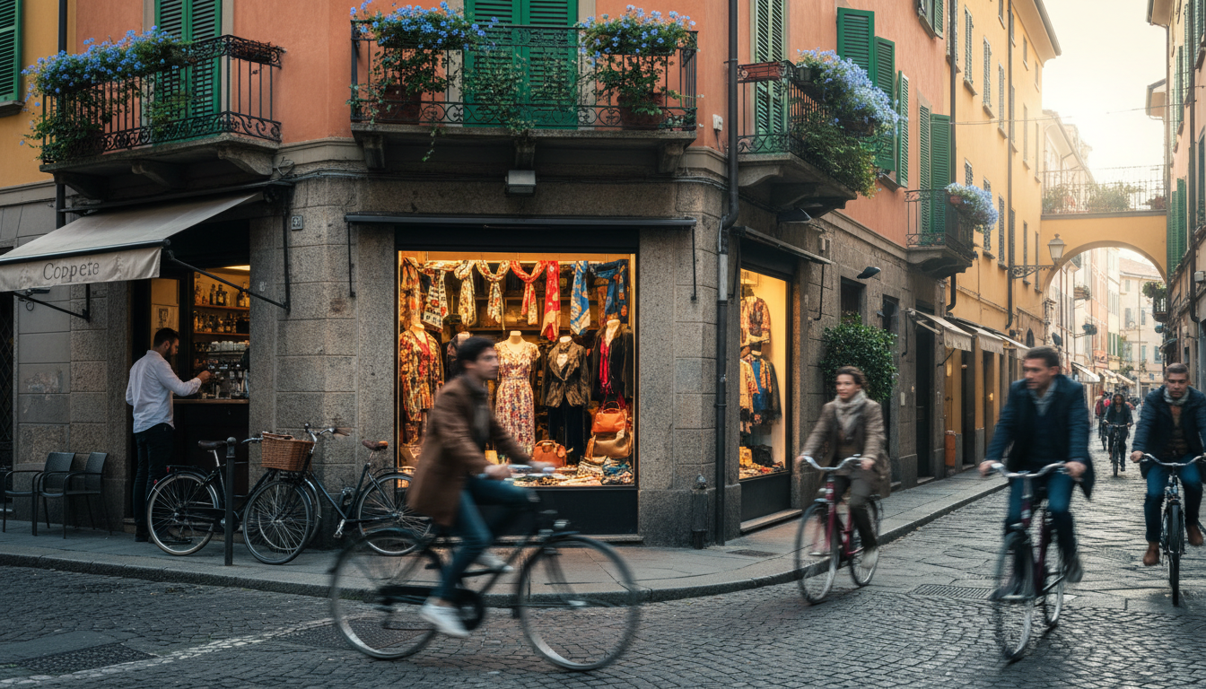 Cobblestone street in Milans Isola neighborhood, vintage clothing shop window display, morning espre