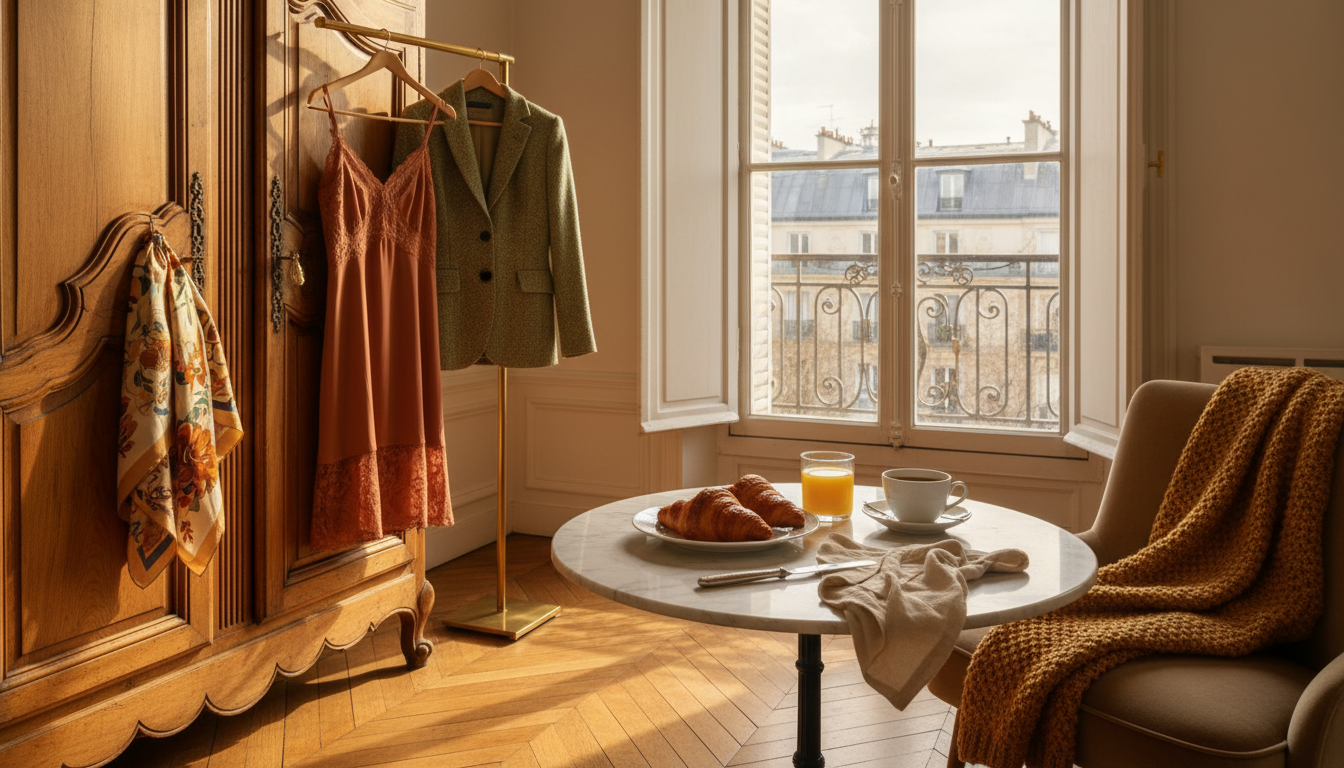 Parisian apartment interior with tall windows, herringbone floors, vintage fashion pieces hanging on