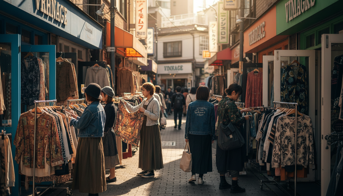 Narrow Shimokitazawa street lined with vintage shops, colorful signage, young Japanese fashionistas