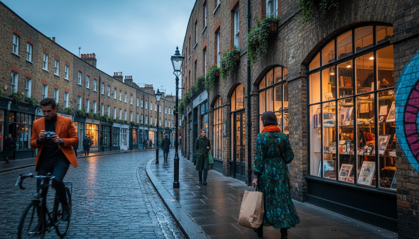 East London street scene with vintage shop fronts, fashion-forward locals, exposed brick buildings,