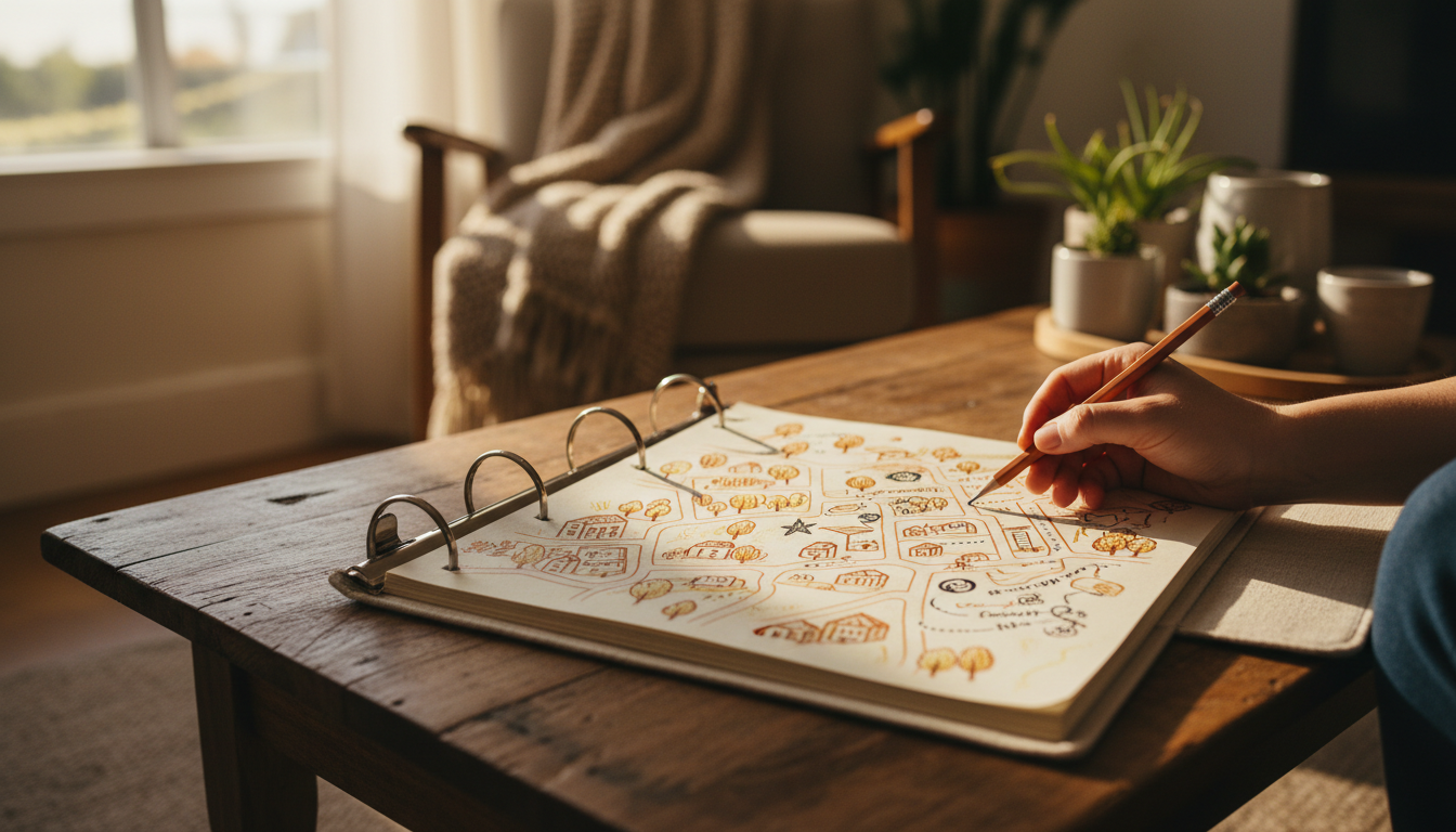 open house manual binder showing a hand-drawn neighborhood map with starred locations, coffee shop n